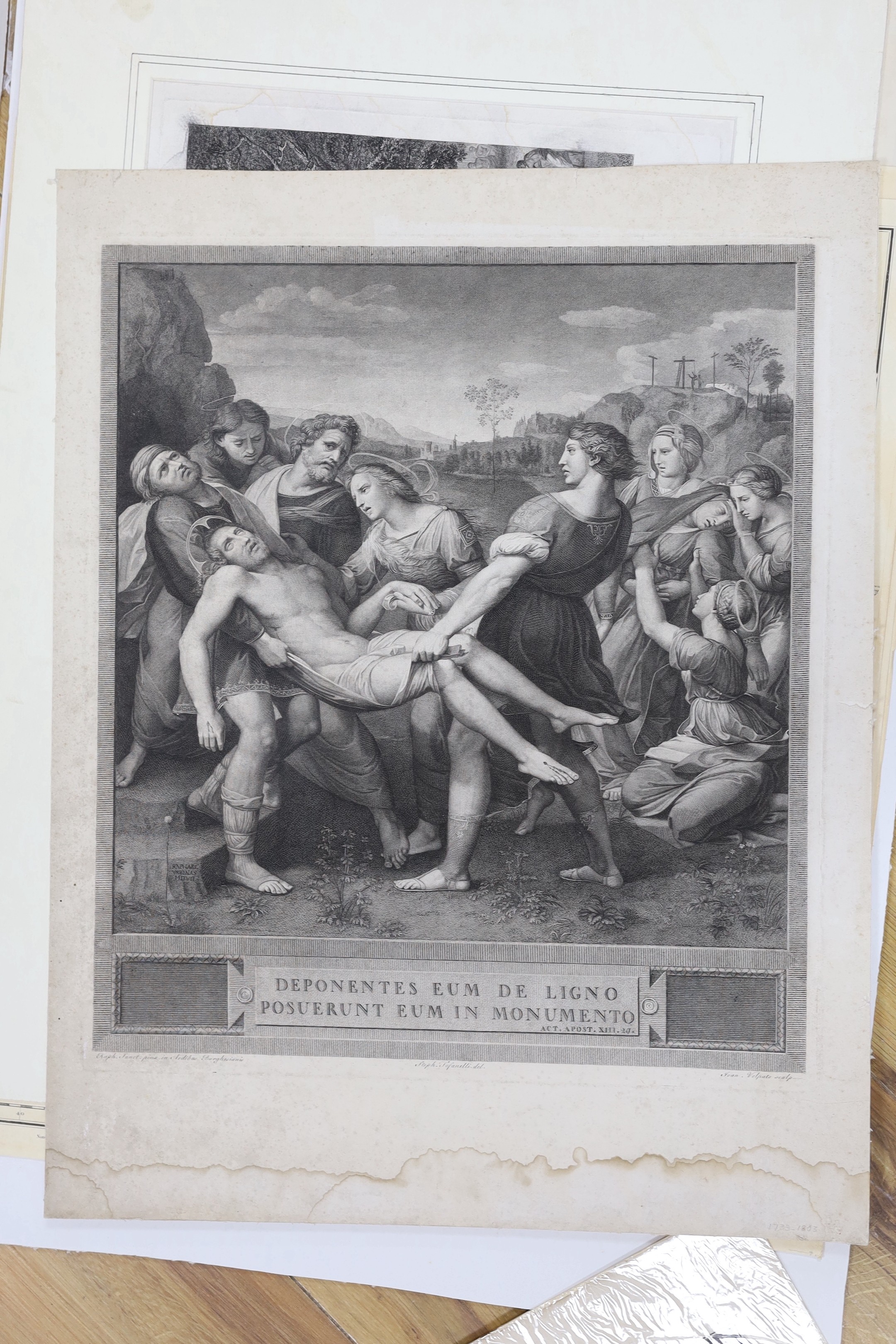Gustave Adolphe Chassevent-Bacques (1818-1901), two drawings, Studies of drapery, 34 x 49cm, together with a group of assorted 18th century and later engravings